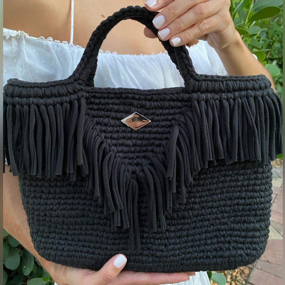 Black Handwoven Artisanal Mini Tote Bag